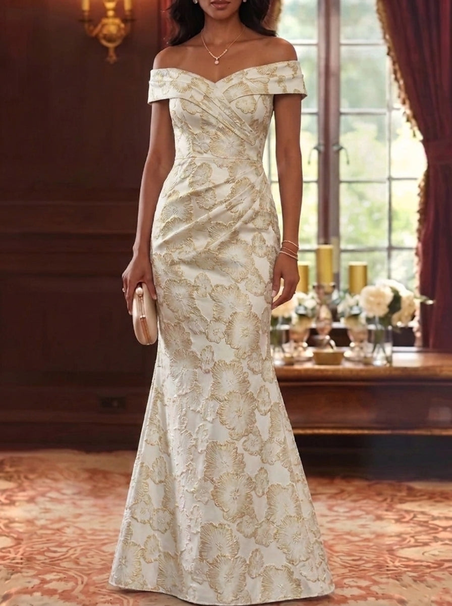 Trumpet/Mermaid Off-the-Shoulder Jacquard Mother of the Bride Dresses Sleeveless Floral Floor-Length Ruched