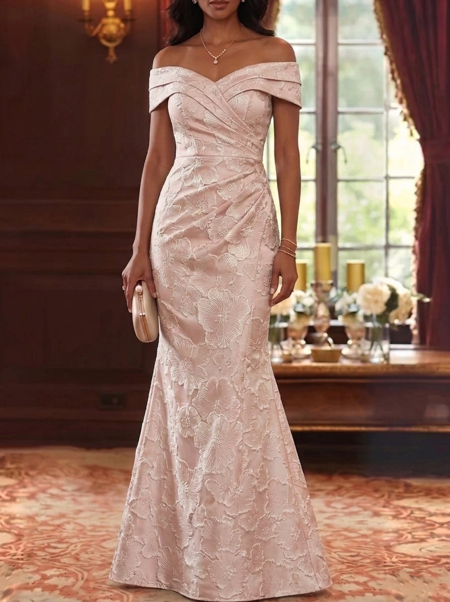 Trumpet/Mermaid Off-the-Shoulder Jacquard Mother of the Bride Dresses Sleeveless Floral Floor-Length Ruched