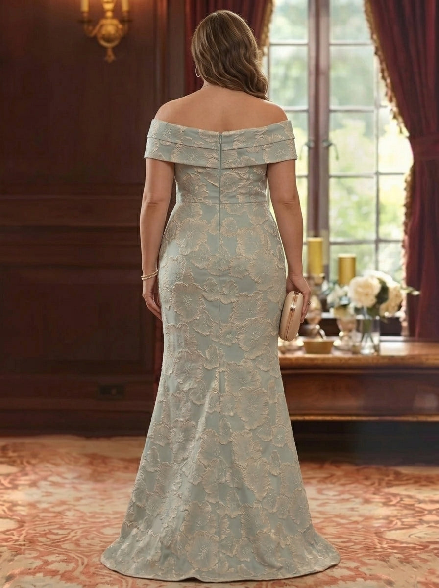 Trumpet/Mermaid Off-the-Shoulder Jacquard Plus Size Mother of the Bride Dresses Sleeveless Floral Floor-Length Ruched