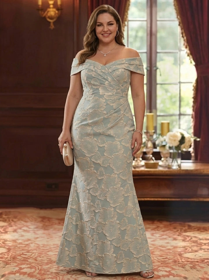 Trumpet/Mermaid Off-the-Shoulder Jacquard Plus Size Mother of the Bride Dresses Sleeveless Floral Floor-Length Ruched