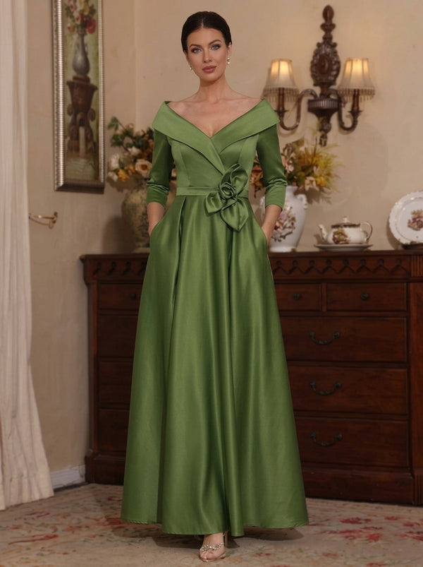 A-Line/Princess Off-the-Shoulder Satin Mother of the Bride Dresses 3/4 Sleeves Ankle-Length 3D Flower