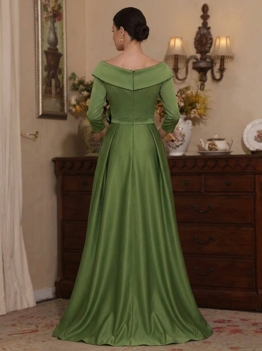 A-Line/Princess Off-the-Shoulder Satin Mother of the Bride Dresses 3/4 Sleeves Ankle-Length 3D Flower