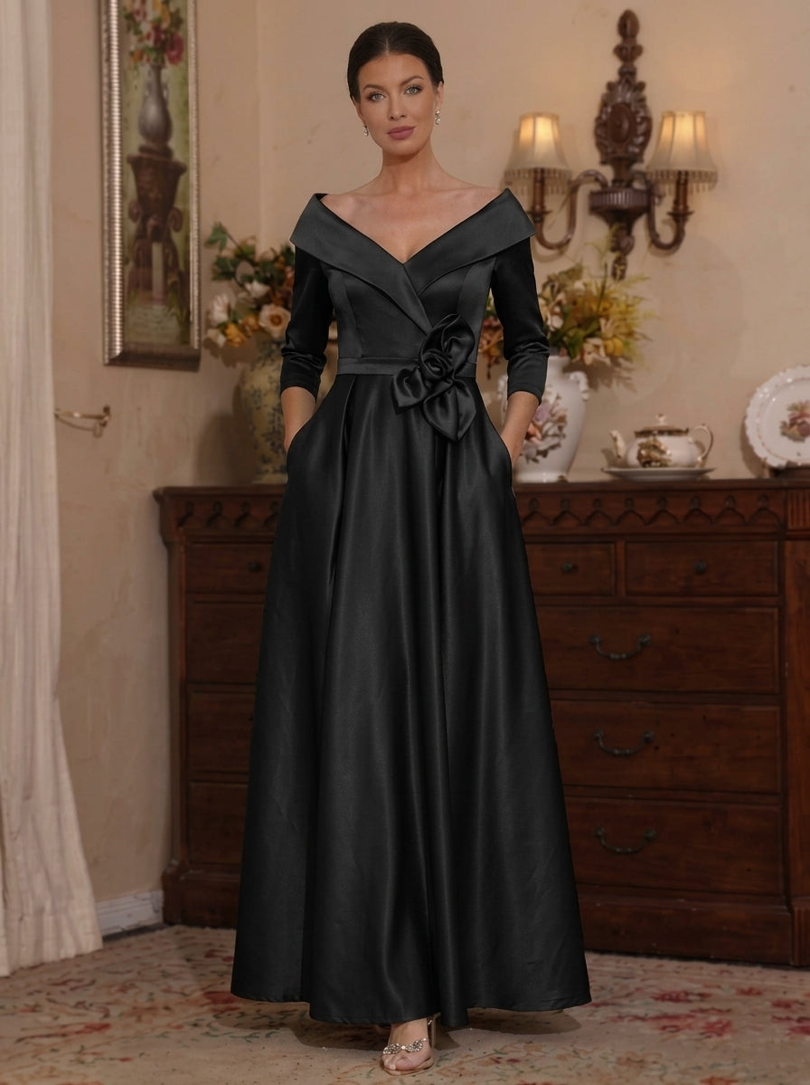 A-Line/Princess Off-the-Shoulder Satin Mother of the Bride Dresses 3/4 Sleeves Ankle-Length 3D Flower