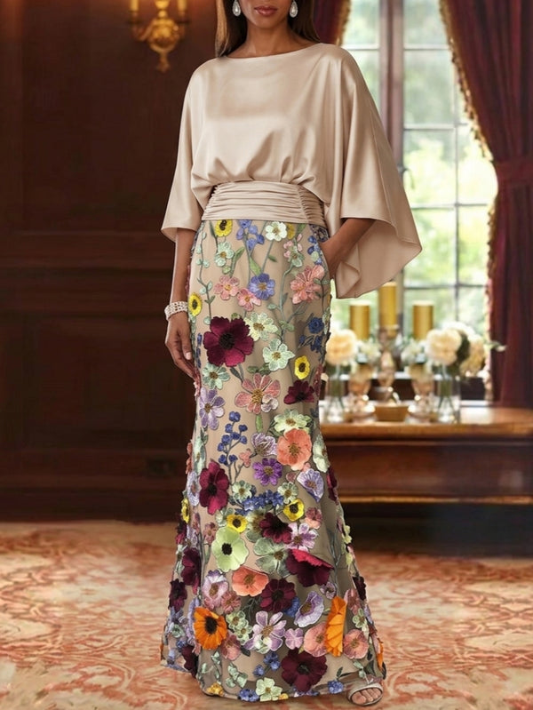 Trumpet/Mermaid Floral Mother Of The Bride Dresses Silk Satin Floor Length 3/4 Sleeves Ruched