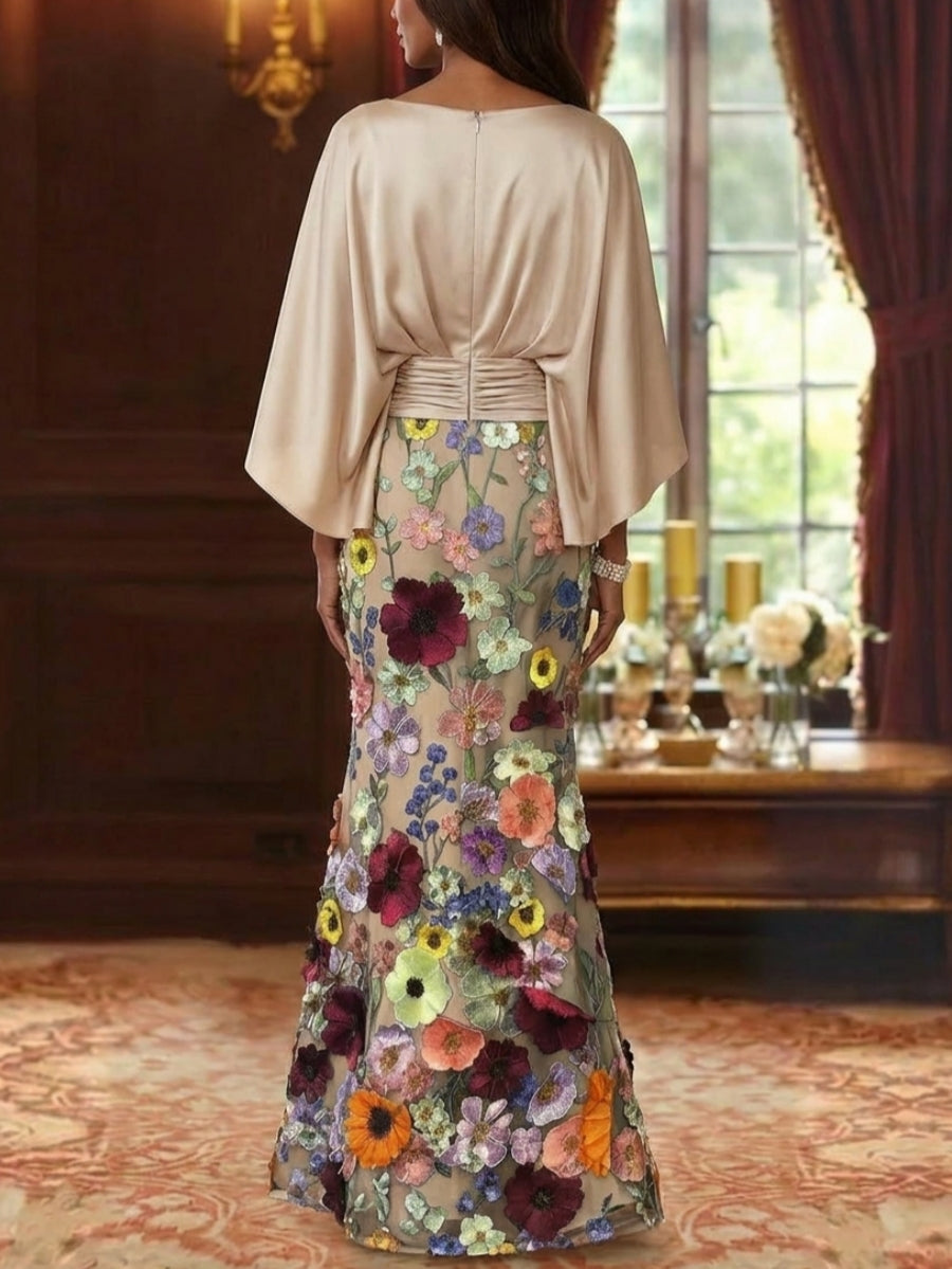 Trumpet/Mermaid Floral Mother Of The Bride Dresses Silk Satin Floor Length 3/4 Sleeves Ruched