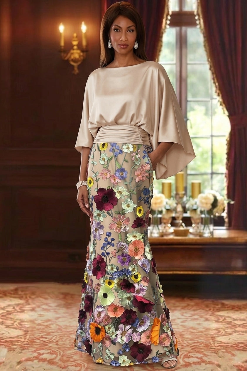 Trumpet/Mermaid Floral Mother Of The Bride Dresses Silk Satin Floor Length 3/4 Sleeves Ruched