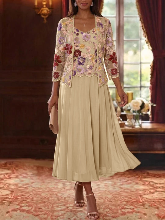 2 Pieces A-Line/Princess V-Neck Chiffon Mother of the Bride Dresses with Jacket Floral 3/4 Sleeves Tea-Length