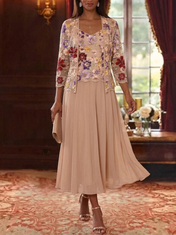2 Pieces A-Line/Princess V-Neck Chiffon Mother of the Bride Dresses with Jacket Floral 3/4 Sleeves Tea-Length
