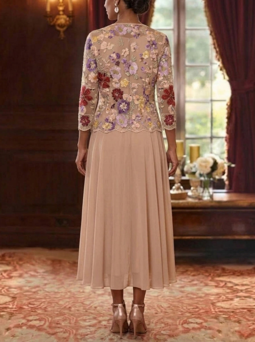 2 Pieces A-Line/Princess V-Neck Chiffon Mother of the Bride Dresses with Jacket Floral 3/4 Sleeves Tea-Length