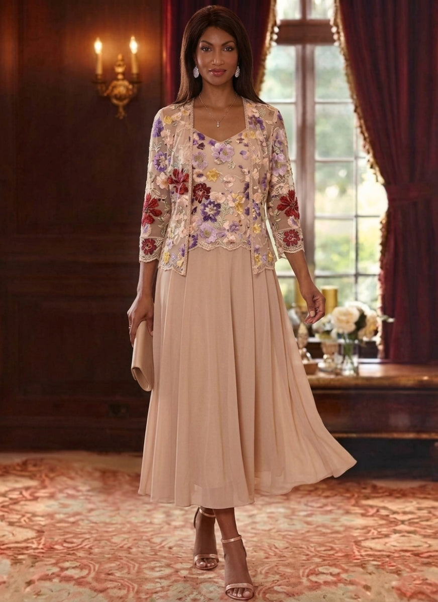 2 Pieces A-Line/Princess V-Neck Chiffon Mother of the Bride Dresses with Jacket Floral 3/4 Sleeves Tea-Length