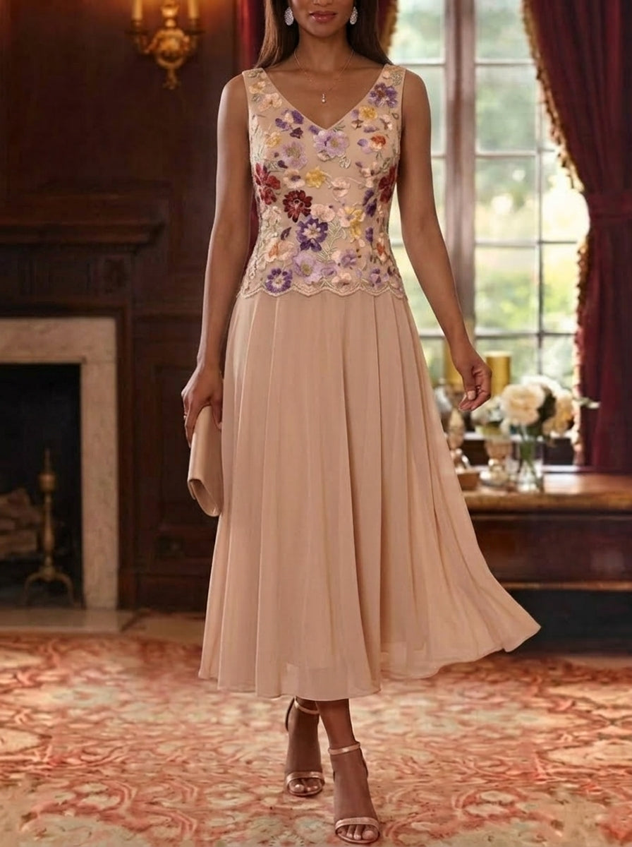 2 Pieces A-Line/Princess V-Neck Chiffon Mother of the Bride Dresses with Jacket Floral 3/4 Sleeves Tea-Length