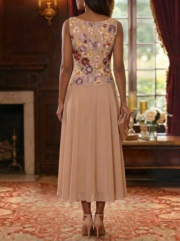 2 Pieces A-Line/Princess V-Neck Chiffon Mother of the Bride Dresses with Jacket Floral 3/4 Sleeves Tea-Length