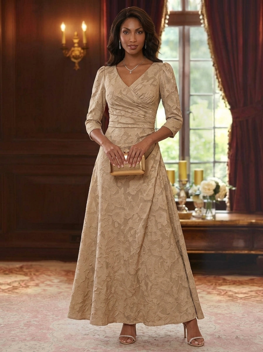 A-Line/Princess V-Neck Chiffon Floral Mother of the Bride Dresses Ankle-Length 3/4 Sleeves Ruched
