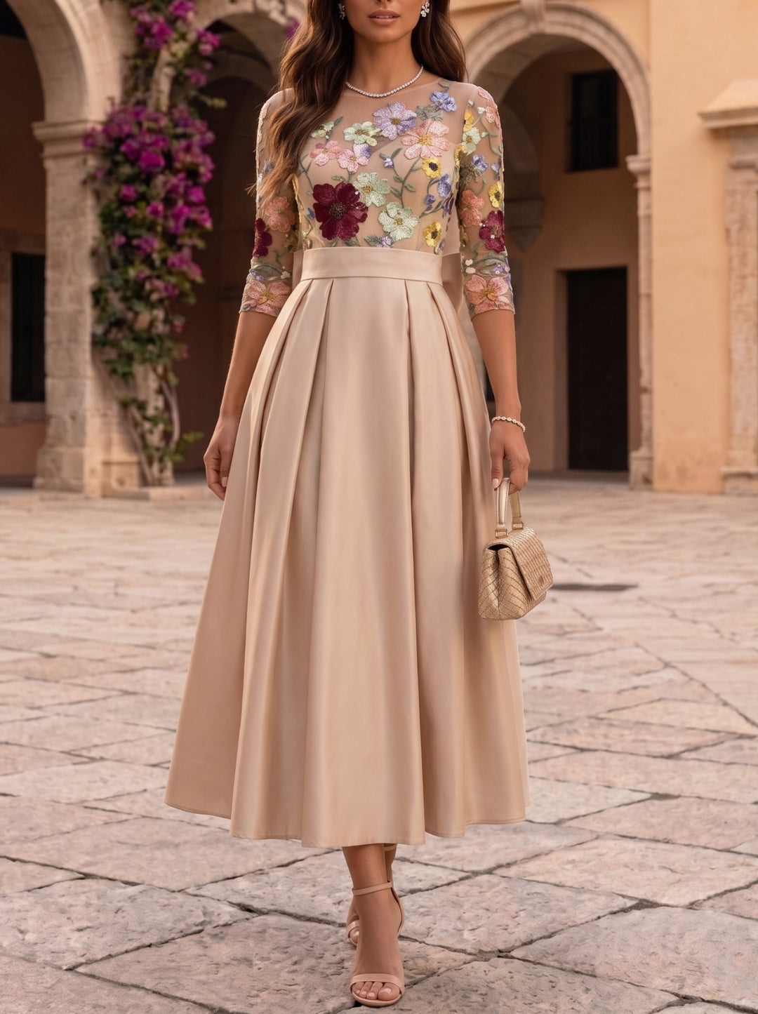 A-Line/Princess Scoop Satin Floral Mother of the Bride Dresses Tea-Length 3/4 Sleeves Bowknot Black