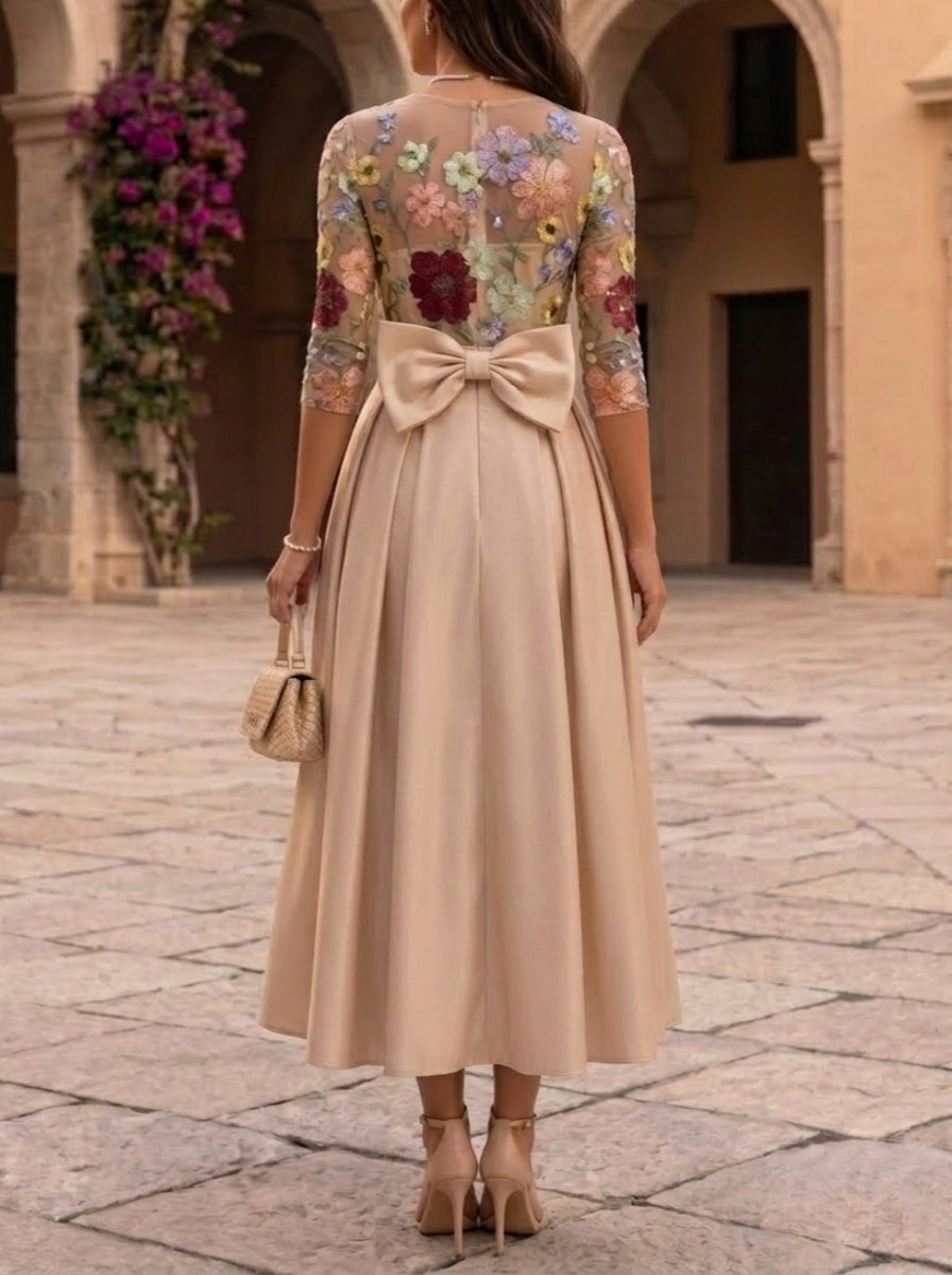 A-Line/Princess Scoop Satin Floral Mother of the Bride Dresses Tea-Length 3/4 Sleeves Bowknot