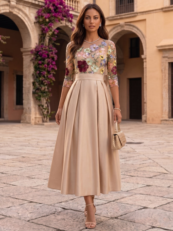 A-Line/Princess Scoop Satin Floral Mother of the Bride Dresses Tea-Length 3/4 Sleeves Bowknot