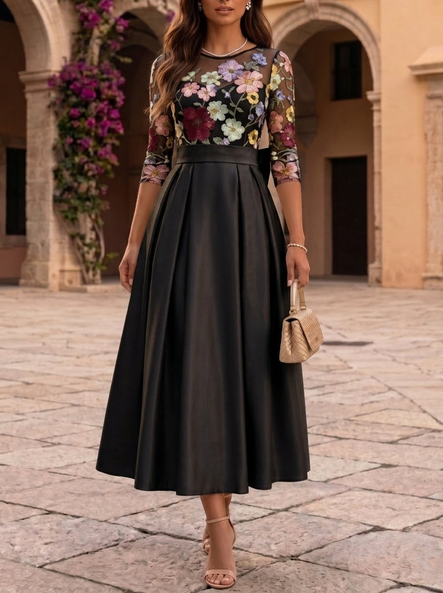 A-Line/Princess Scoop Satin Floral Mother of the Bride Dresses Tea-Length 3/4 Sleeves Bowknot Black