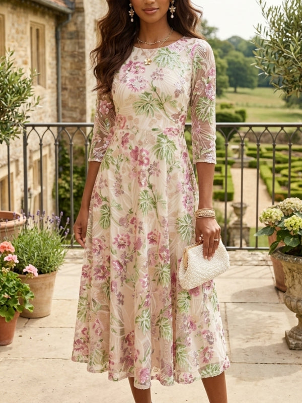 A-Line/Princess Scoop Sequins Floral Mother of the Bride Dresses Tea-Length 3/4 Sleeves