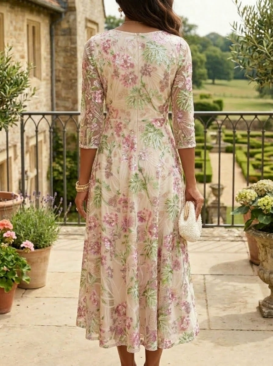 A-Line/Princess Scoop Sequins Floral Mother of the Bride Dresses Tea-Length 3/4 Sleeves