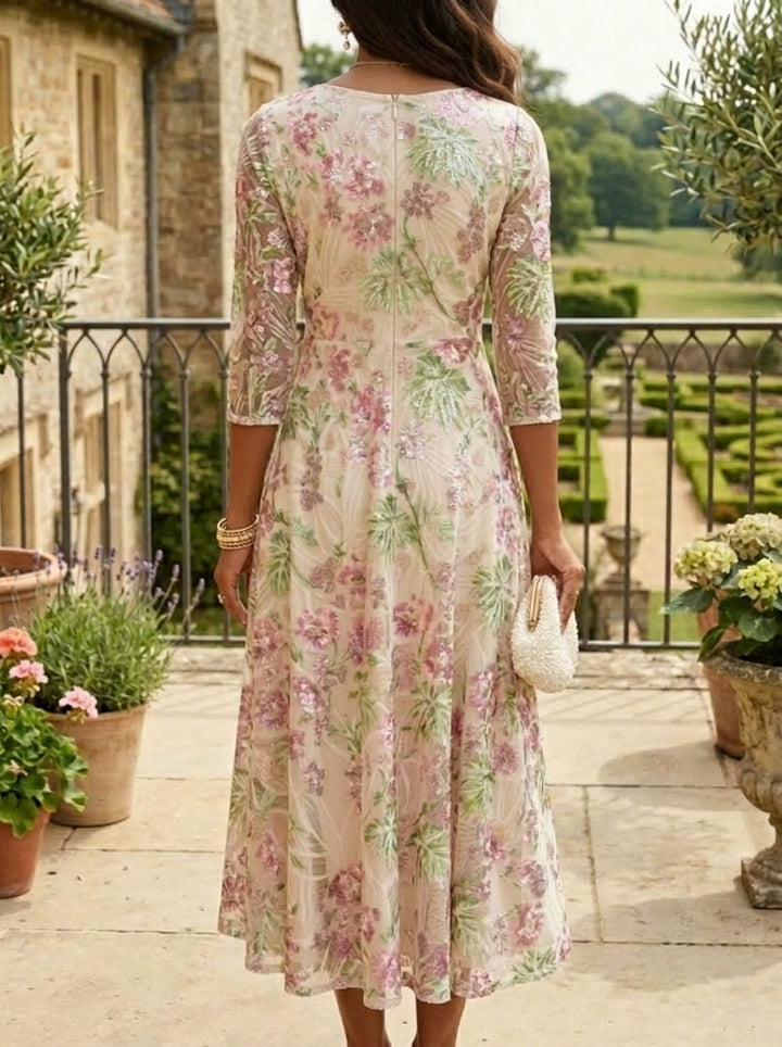 A-Line/Princess Scoop Sequins Floral Mother of the Bride Dresses Tea-Length 3/4 Sleeves