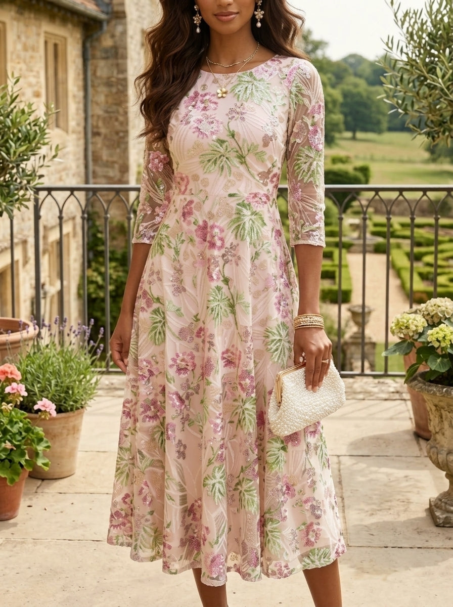 A-Line/Princess Scoop Sequins Floral Mother of the Bride Dresses Tea-Length 3/4 Sleeves