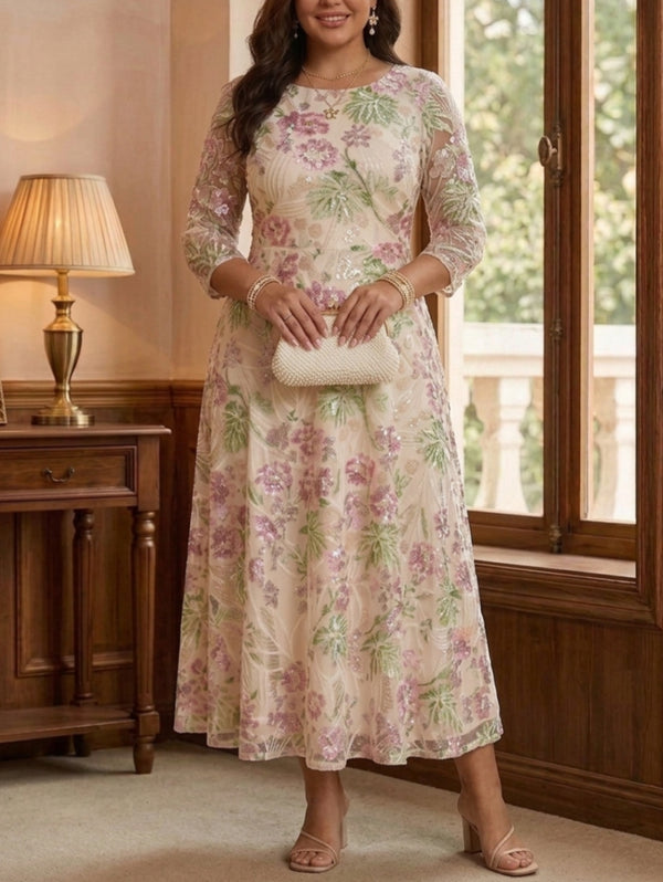 A-Line/Princess Scoop Sequins Floral Plus Size Mother of the Bride Dresses Tea-Length 3/4 Sleeves