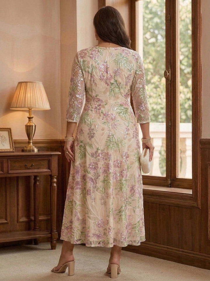 A-Line/Princess Scoop Sequins Floral Plus Size Mother of the Bride Dresses Tea-Length 3/4 Sleeves