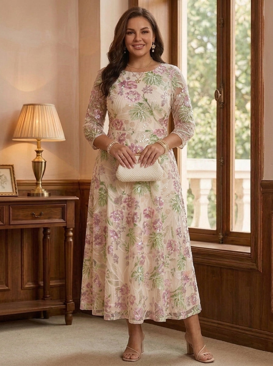 A-Line/Princess Scoop Sequins Floral Plus Size Mother of the Bride Dresses Tea-Length 3/4 Sleeves