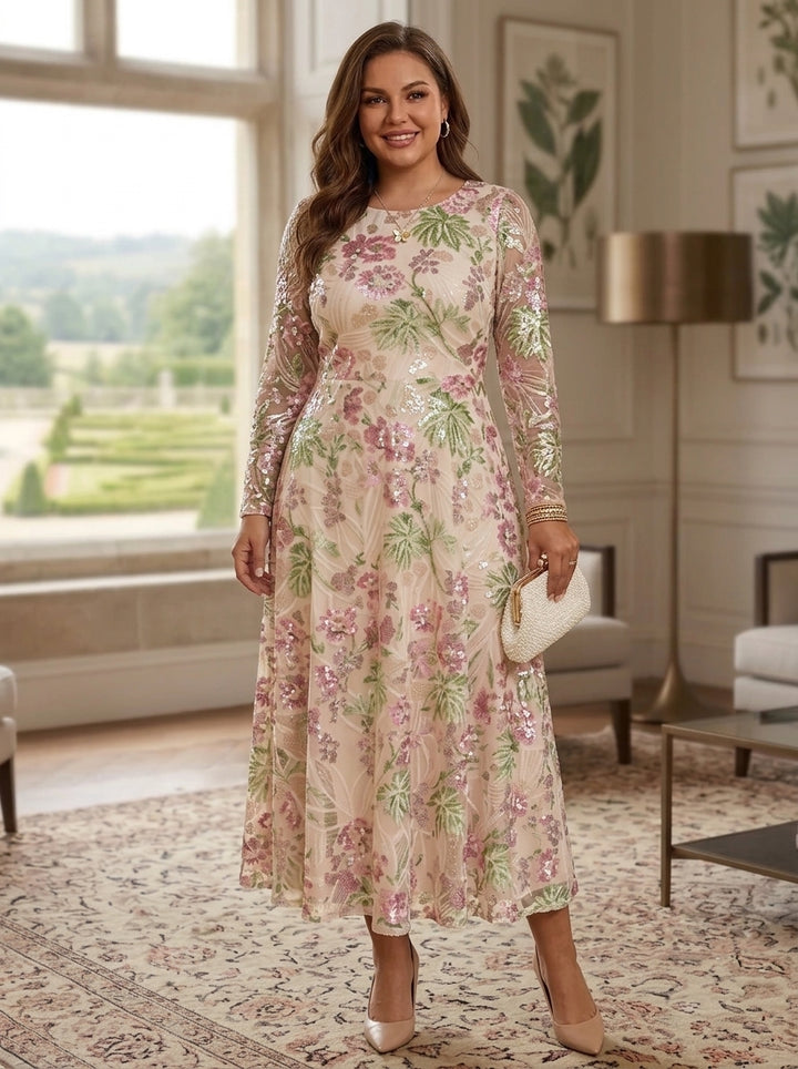 A-Line/Princess Scoop Sequins Floral Plus Size Mother of the Bride Dresses Tea-Length 3/4 Sleeves