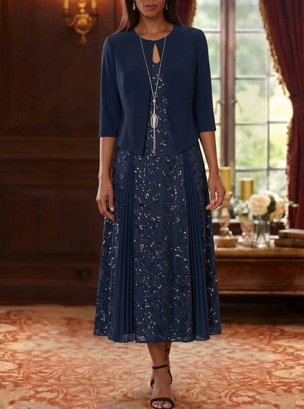 2 Pieces A-Line/Princess V-Neck Lace Sequins Mother of the Bride Dresses with Chiffon Jacket Floral 3/4 Sleeves Tea-Length
