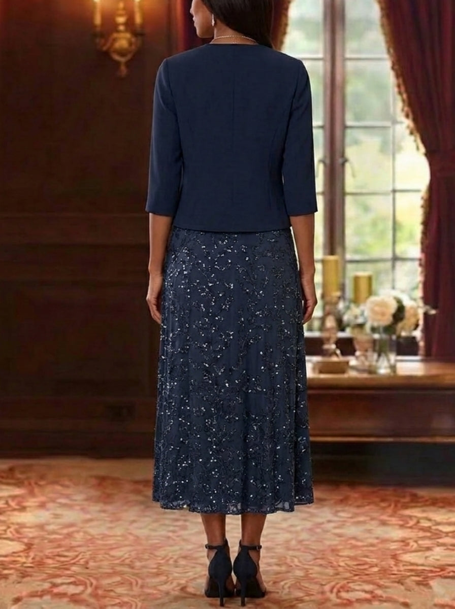 2 Pieces A-Line/Princess V-Neck Lace Sequins Mother of the Bride Dresses with Chiffon Jacket Floral 3/4 Sleeves Tea-Length