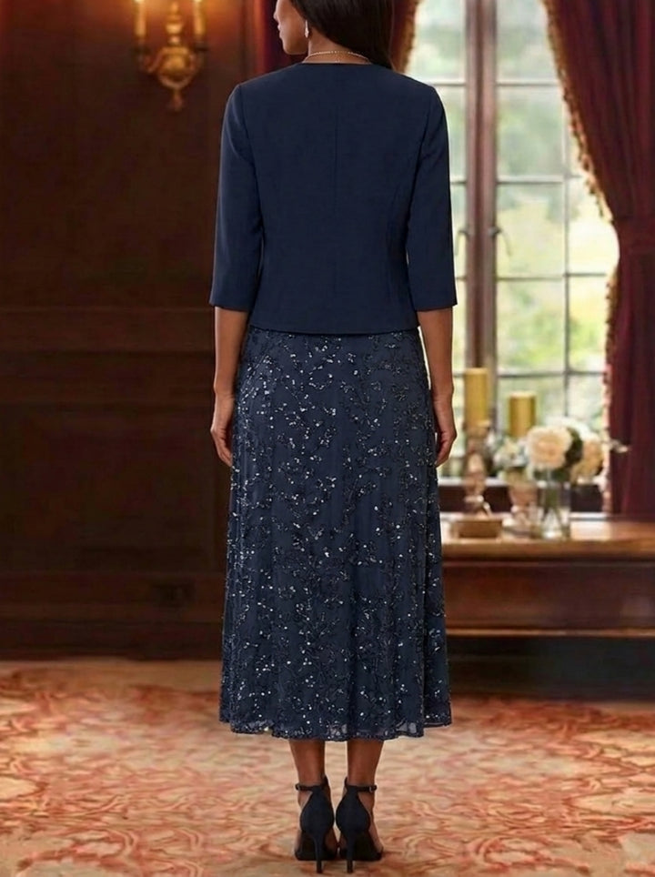 2 Pieces A-Line/Princess V-Neck Lace Sequins Mother of the Bride Dresses with Chiffon Jacket Floral 3/4 Sleeves Tea-Length