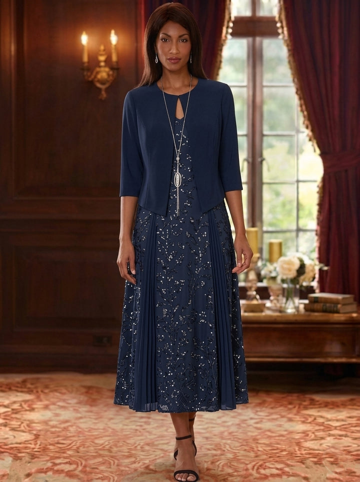 2 Pieces A-Line/Princess V-Neck Lace Sequins Mother of the Bride Dresses with Chiffon Jacket Floral 3/4 Sleeves Tea-Length