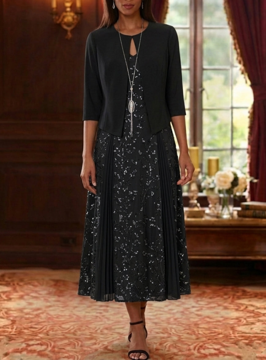 2 Pieces A-Line/Princess V-Neck Lace Sequins Mother of the Bride Dresses with Chiffon Jacket Floral 3/4 Sleeves Tea-Length Black