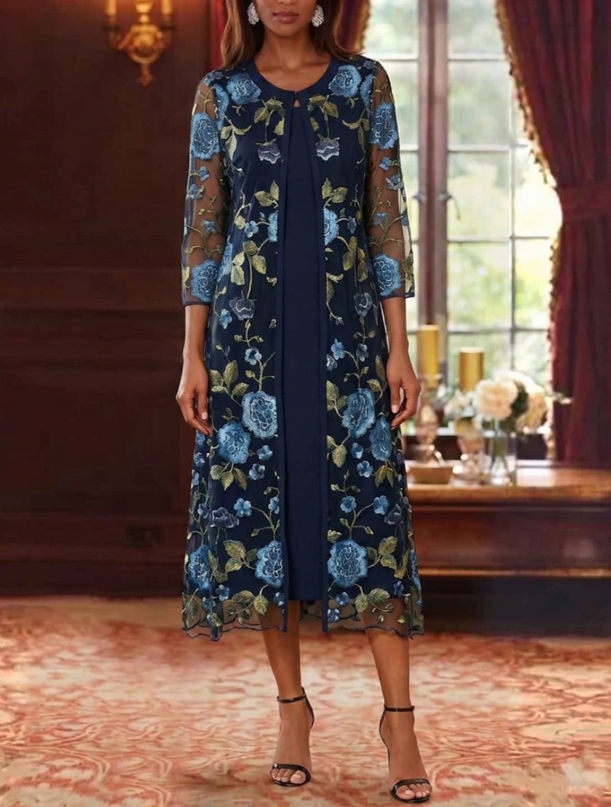 2 Pieces A-Line/Princess V-Neck Chiffon Mother of the Bride Dresses with Jacket Floral 3/4 Sleeves Tea-Length, Navy Blue