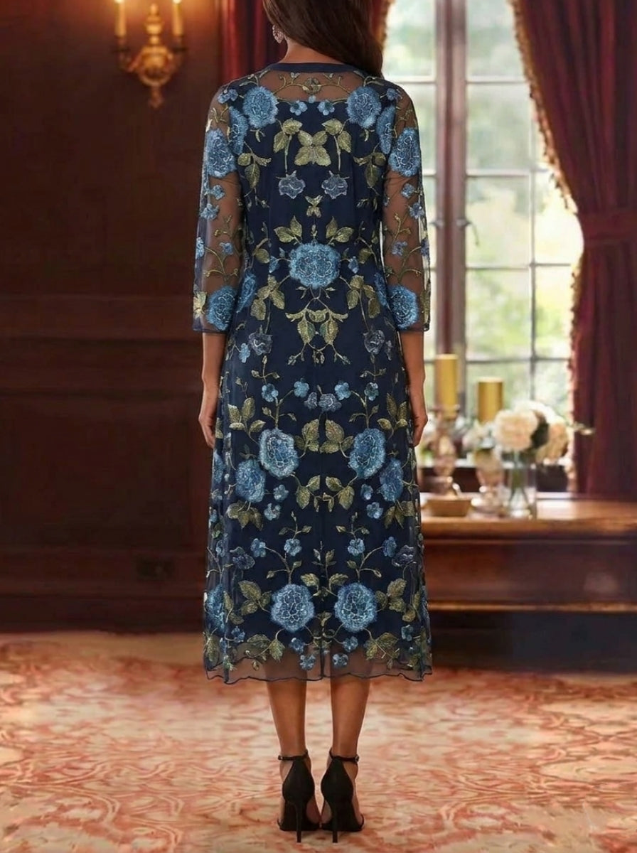 2 Pieces A-Line/Princess V-Neck Chiffon Mother of the Bride Dresses with Jacket Floral 3/4 Sleeves Tea-Length