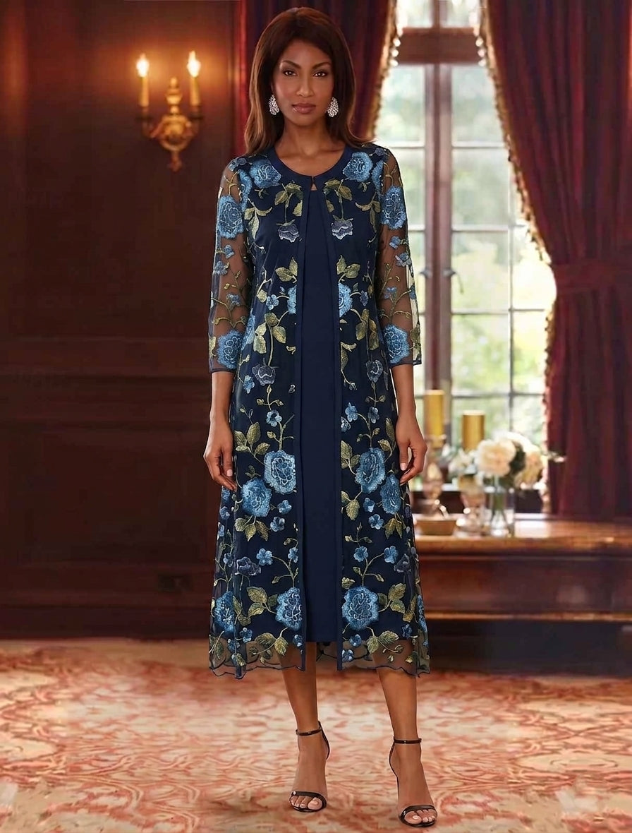 2 Pieces A-Line/Princess V-Neck Chiffon Mother of the Bride Dresses with Jacket Floral 3/4 Sleeves Tea-Length