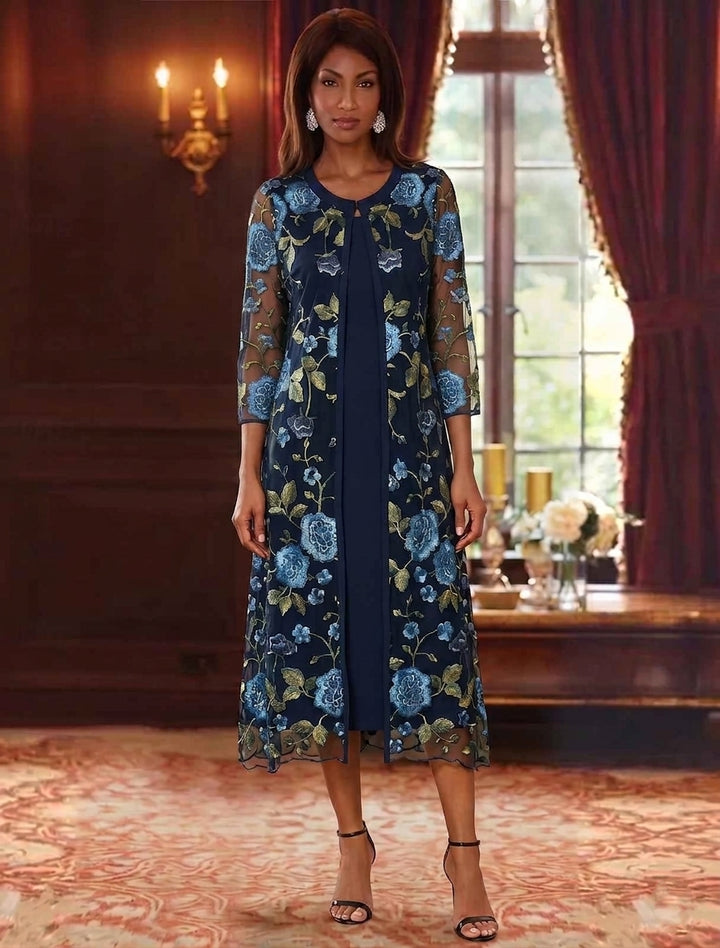 2 Pieces A-Line/Princess V-Neck Chiffon Mother of the Bride Dresses with Jacket Floral 3/4 Sleeves Tea-Length