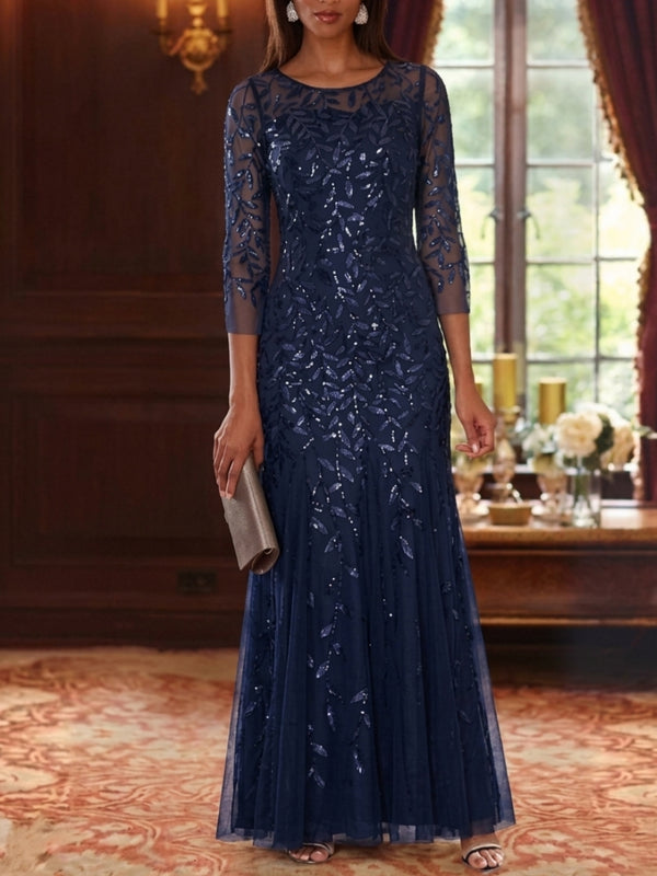 A-Line/Princess Scoop Lace Sequins Mother of the Bride Dresses Floral 3/4 Sleeves Floor-Length