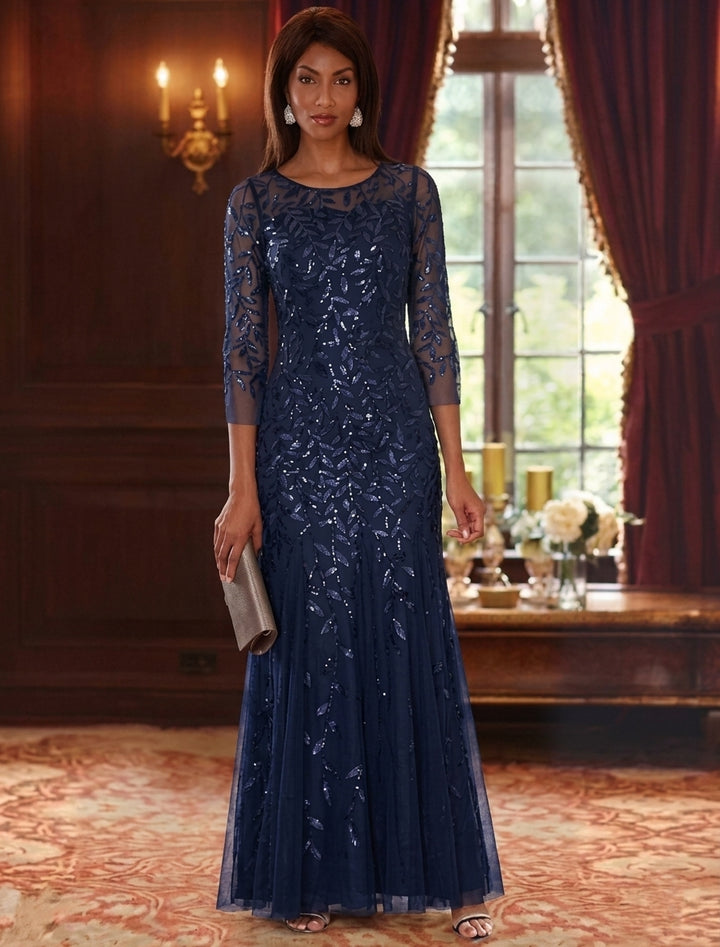 A-Line/Princess Scoop Lace Sequins Mother of the Bride Dresses Floral 3/4 Sleeves Floor-Length
