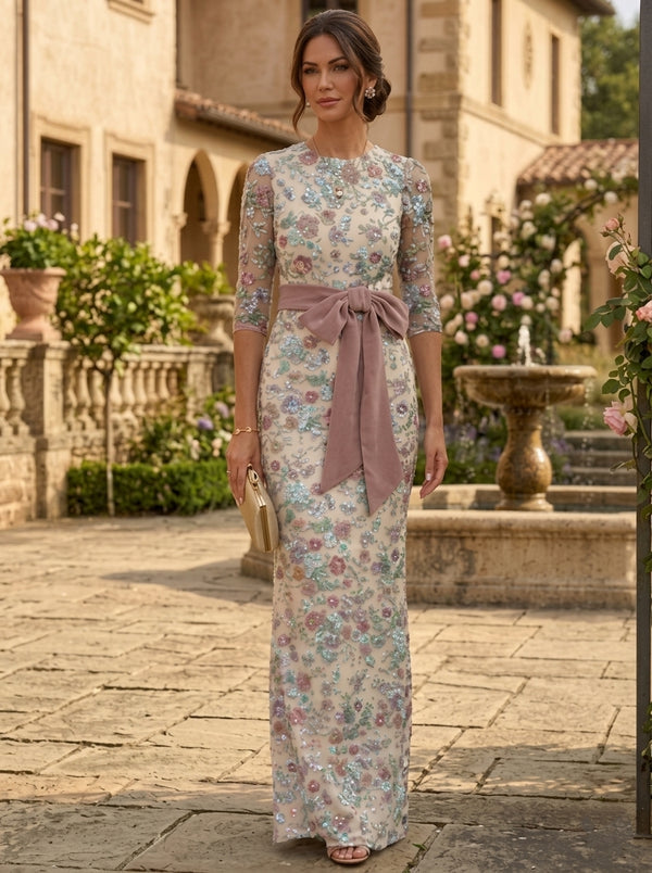 Sheath/Column Scoop Lace Sequins Mother of the Bride Dresses Floral 3/4 Sleeves Floor-Length Bowknot
