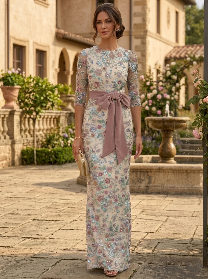Sheath/Column Scoop Lace Sequins Mother of the Bride Dresses Floral 3/4 Sleeves Floor-Length Bowknot
