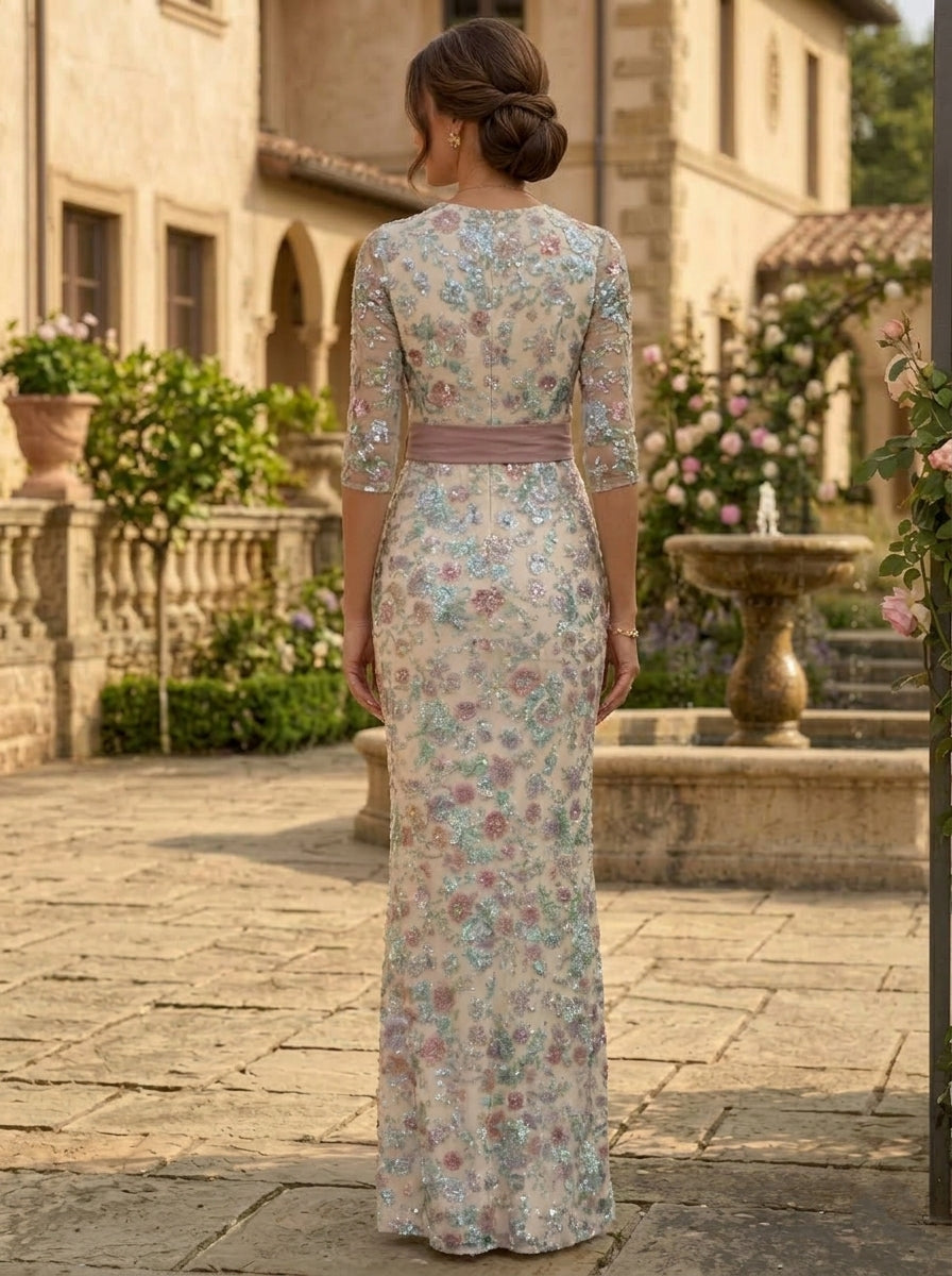 Sheath/Column Scoop Lace Sequins Mother of the Bride Dresses Floral 3/4 Sleeves Floor-Length Bowknot