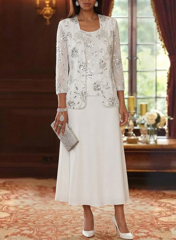 A-Line/Princess Scoop Chiffon Mother of the Bride Dresses with Jacket Sequins Tea-Length 3/4 Sleeves Floral