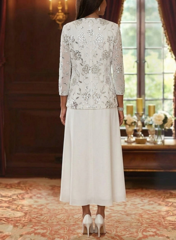 A-Line/Princess Scoop Chiffon Mother of the Bride Dresses with Jacket Sequins Tea-Length 3/4 Sleeves Floral