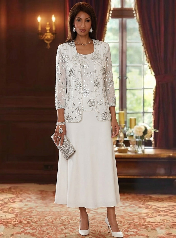 A-Line/Princess Scoop Chiffon Mother of the Bride Dresses with Jacket Sequins Tea-Length 3/4 Sleeves Floral