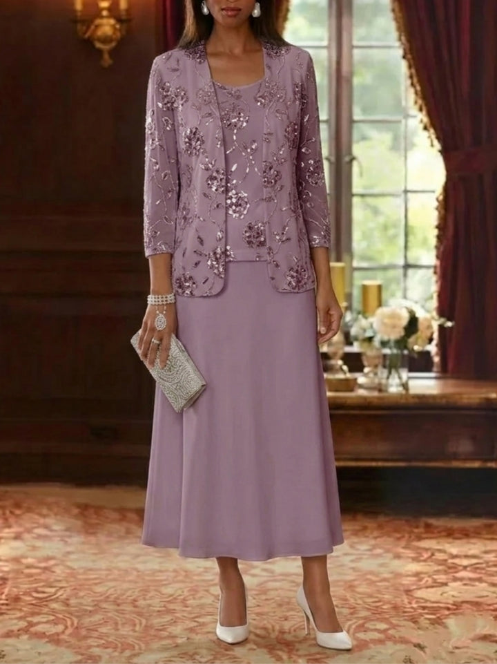 A-Line/Princess Scoop Chiffon Mother of the Bride Dresses with Jacket Sequins Tea-Length 3/4 Sleeves Floral