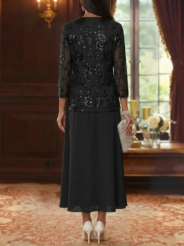 A-Line/Princess Scoop Chiffon Mother of the Bride Dresses with Jacket Sequins Tea-Length 3/4 Sleeves Floral
