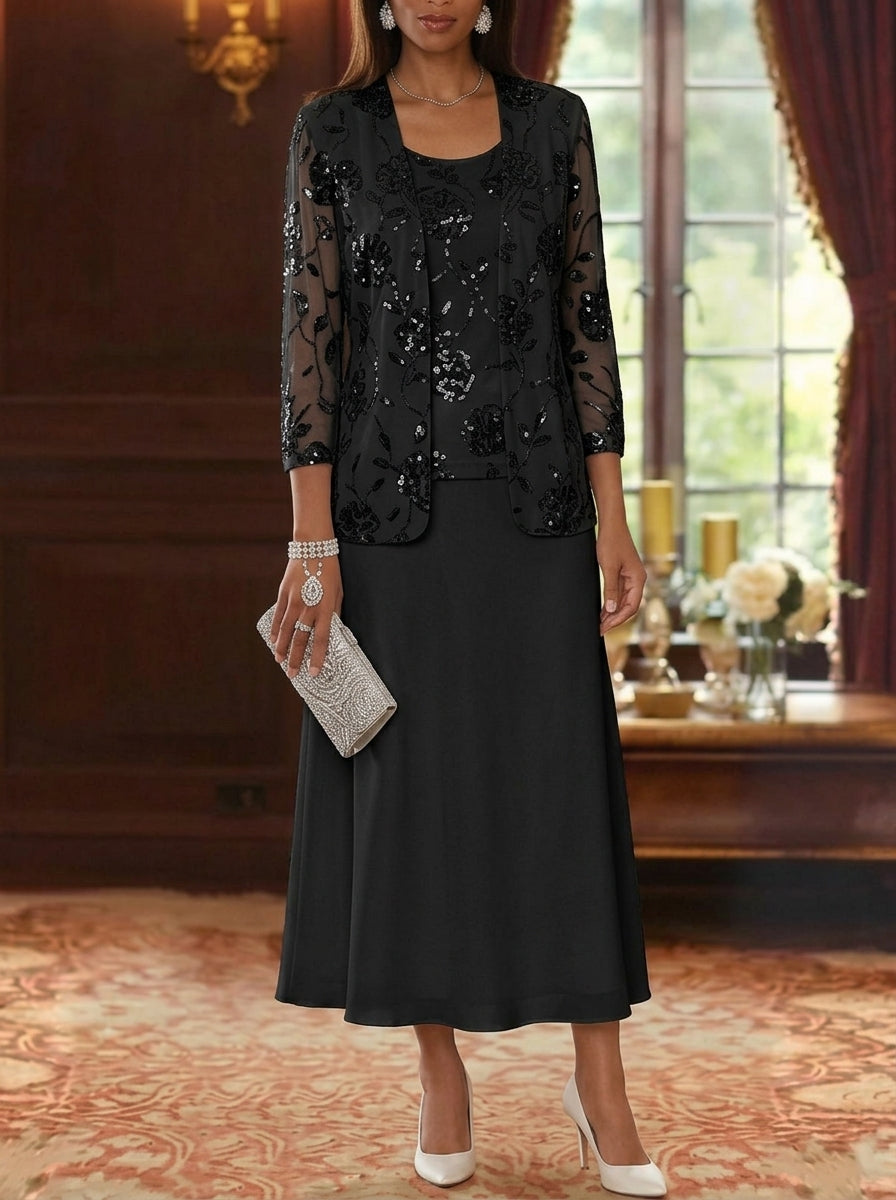 A-Line/Princess Scoop Chiffon Mother of the Bride Dresses with Jacket Sequins Tea-Length 3/4 Sleeves Floral
