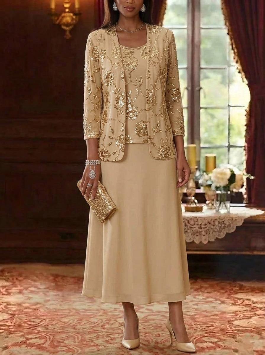 A-Line/Princess Scoop Chiffon Mother of the Bride Dresses with Jacket Sequins Tea-Length 3/4 Sleeves Floral